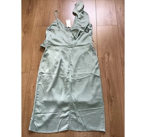 New Abbey Clancy x Lipsy Size 16 Green Satin One Shoulder Ruffle Pencil Dress - Picture 5 of 7