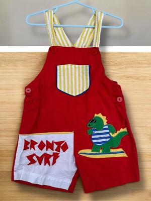Vintage Colorblock Bronto Surf Dinosaur Overalls Rainbow Connection READ