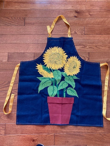 Liz Lauter Apron Flower Pot Hand Painted 100% Cotton Denim Sunflower USA 1991