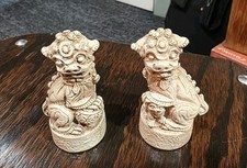 Vtg Bookmatch Pair Carved Resin Foo Lion + Cub & Drum Figure Detailed 3.5