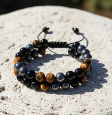 Triple Shield Bracelet Tiger Eye Obsidian Hematite Men Protection Reiki Jewelry