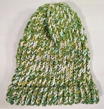 Beanie Knit Hat Winter Stocking Cap Handmade Green White Pastel