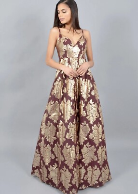 Dear Moon Formal Dress Sz 3 Maroon Metallic Gold Floral Print Maxi Prom HOCO NWT