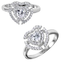 Sterling Silver Ladies Open Heart Shape Ring w/ Heart  Round Cut CZ Stones