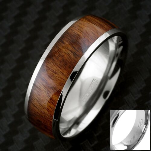 Bague homme gravée 8 mm en titane bois grain bande de mariage bague - Photo 1/7