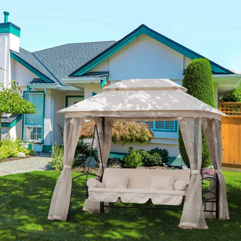 Hammock Swing Bench 3-Seater with 2-Tier Gazebo Canopy Mesh