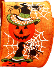 Halloween 2.5" by 5 yd Glitter Hats Orange Jack-o-lantern Wire Ribbon Spider Web