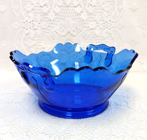 VTG L. E. Smith COBALT BLUE BOWL w/ Handles Depression Glass MT. PLEASANT USA