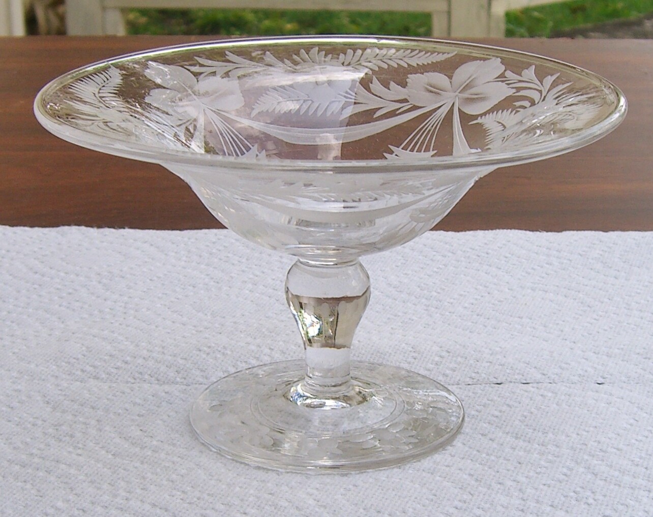 Signed Libbey Engraved Glass Compote with Floral Drapery Foliage Candy Dish