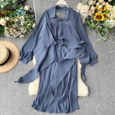 Lady Chiffon Long Blouse Shirt Dress Top Outerwear Ruffle Puff Sleeve Retro Chic