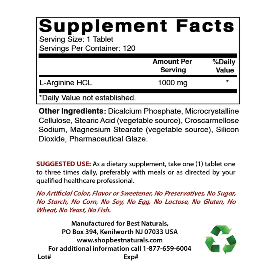 Pack de 2 Best Naturals L-Arginina 1000mg 120 Comprimidos Foto 2 de 4