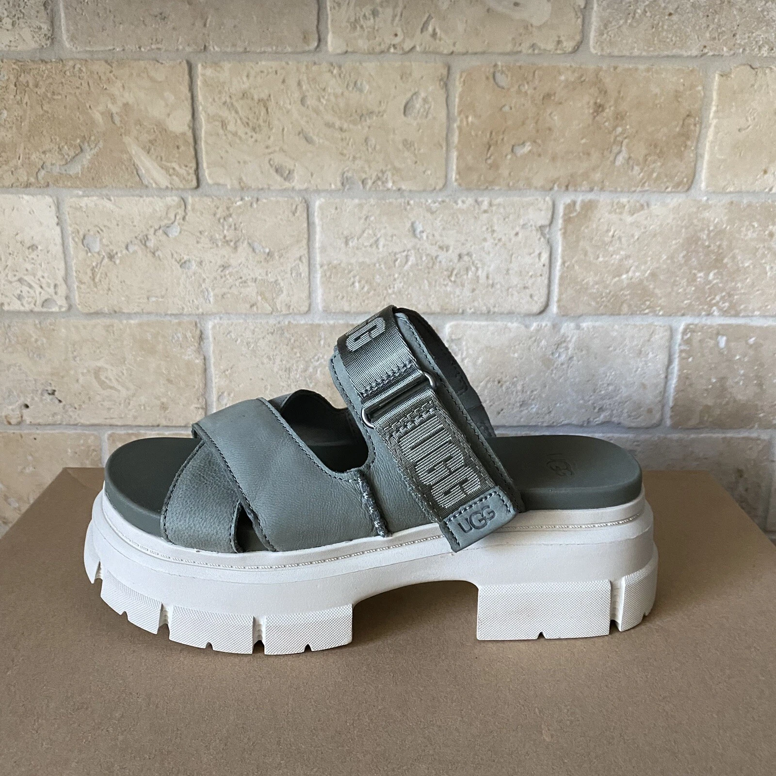 SANDALI UGG ASHTON SLIDE MUSCHIO VERDE PLATEAU GROSSI PELLE DONNA TAGLIA US 7