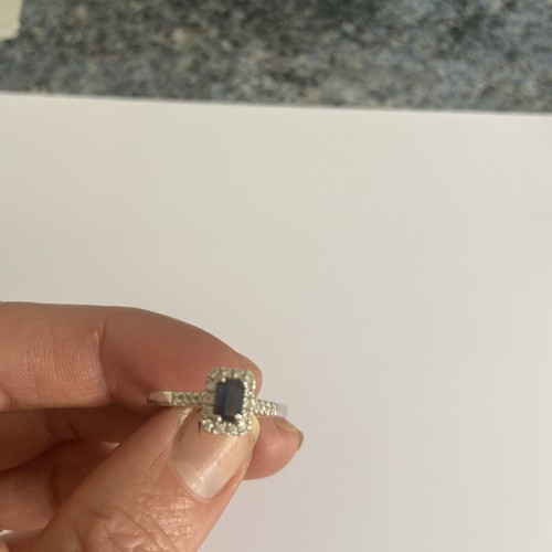 9ct White Gold Sapphire Emerald Cut Halo Ring - Picture 3 of 6