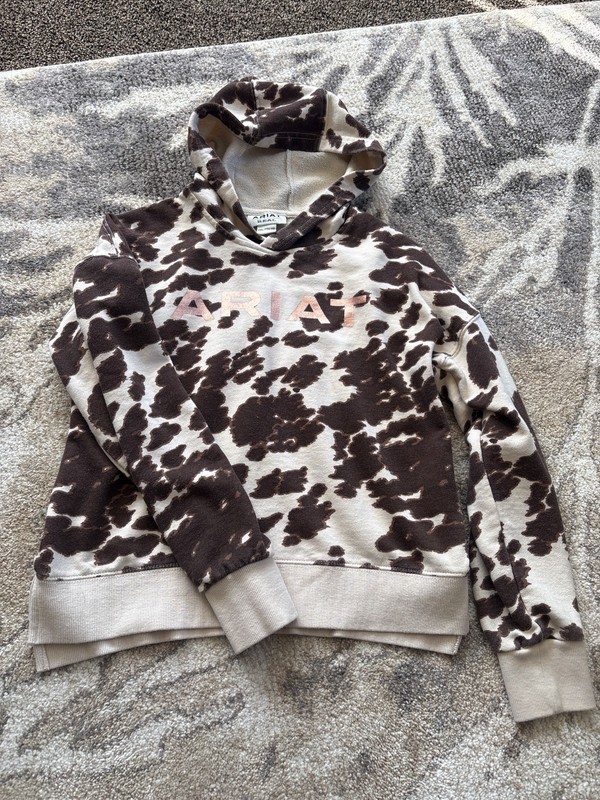 Ariat Hoodie Youth Crop  XXL  Brown Cream Cow Print REAL Logo Pullover Western 