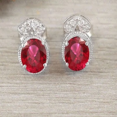 5Ct Oval Cut Natural Red Ruby & Diamond Stud Earrings 18K White Gold Filled