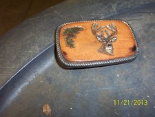 BUCK DEER BRASS BELT BUCKLE W/ LEATHER TOP
