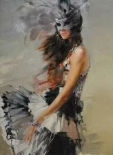 MQ-OP0674 100% handmade painted lady wearing a mask oil painting art on canvas