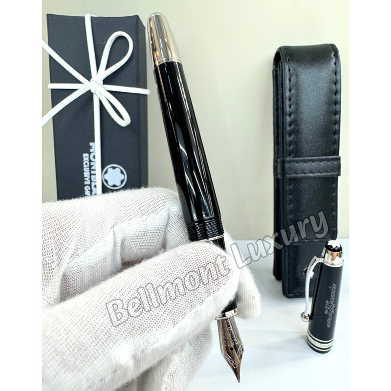 Bid MONTBLANC Meisterstück 163 Black Resin Fountain Pen Platinum Trim w/ Box