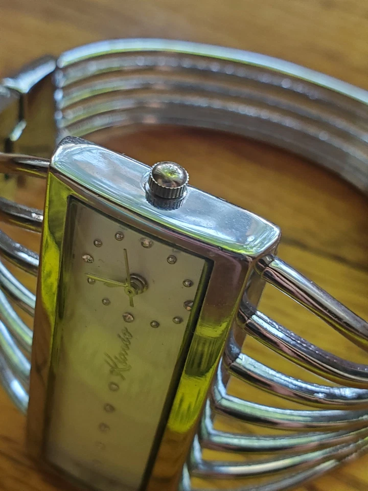 Vintage Kimio Watch Rhinestone Dial Stainless Steel Waved Cuff Bracelet Band  - Image 4 of 4