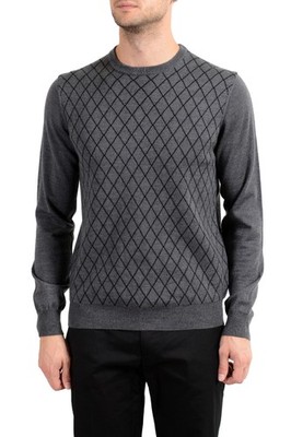 Roberto Cavalli Men's 100% Wool Gray Geometric Print Crewneck Sweater