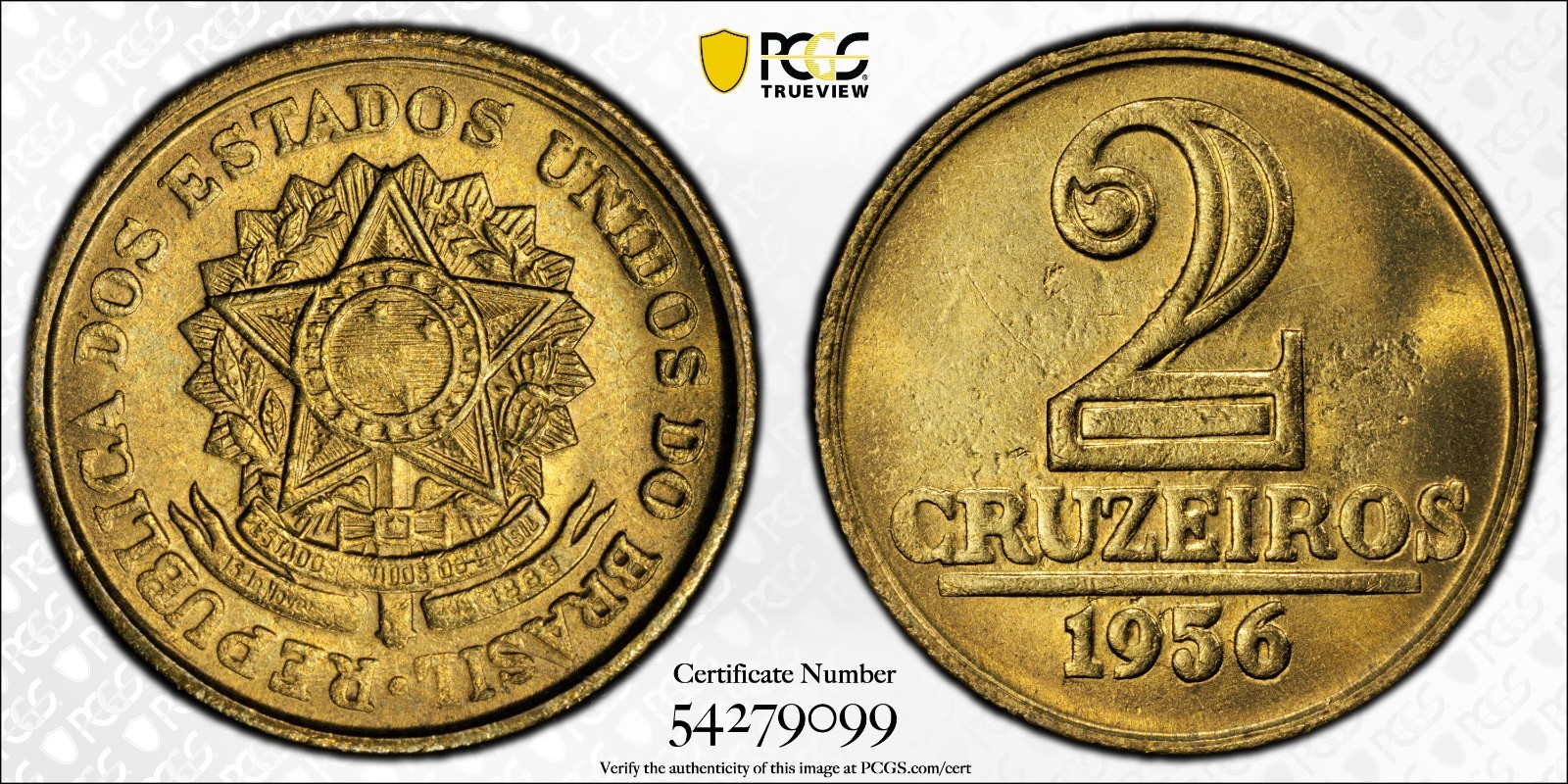 Brazil 1956 2 Cruzeiros Mald-686.01 National Arms PCGS MS 64