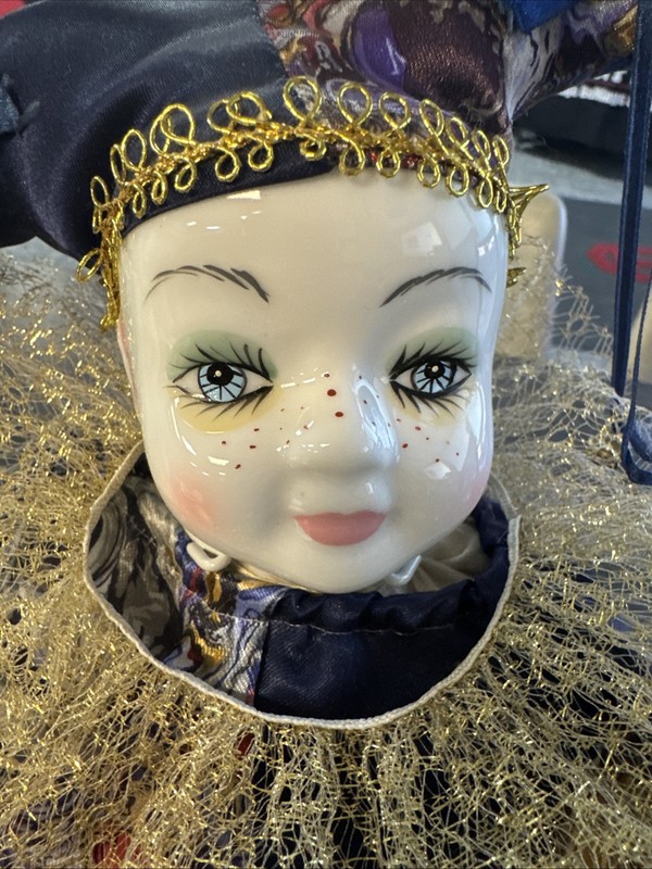 Vintage Gold Deer & Co. 12" Porcelain Clown Doll – Hand-Painted Face, Cotton Bod