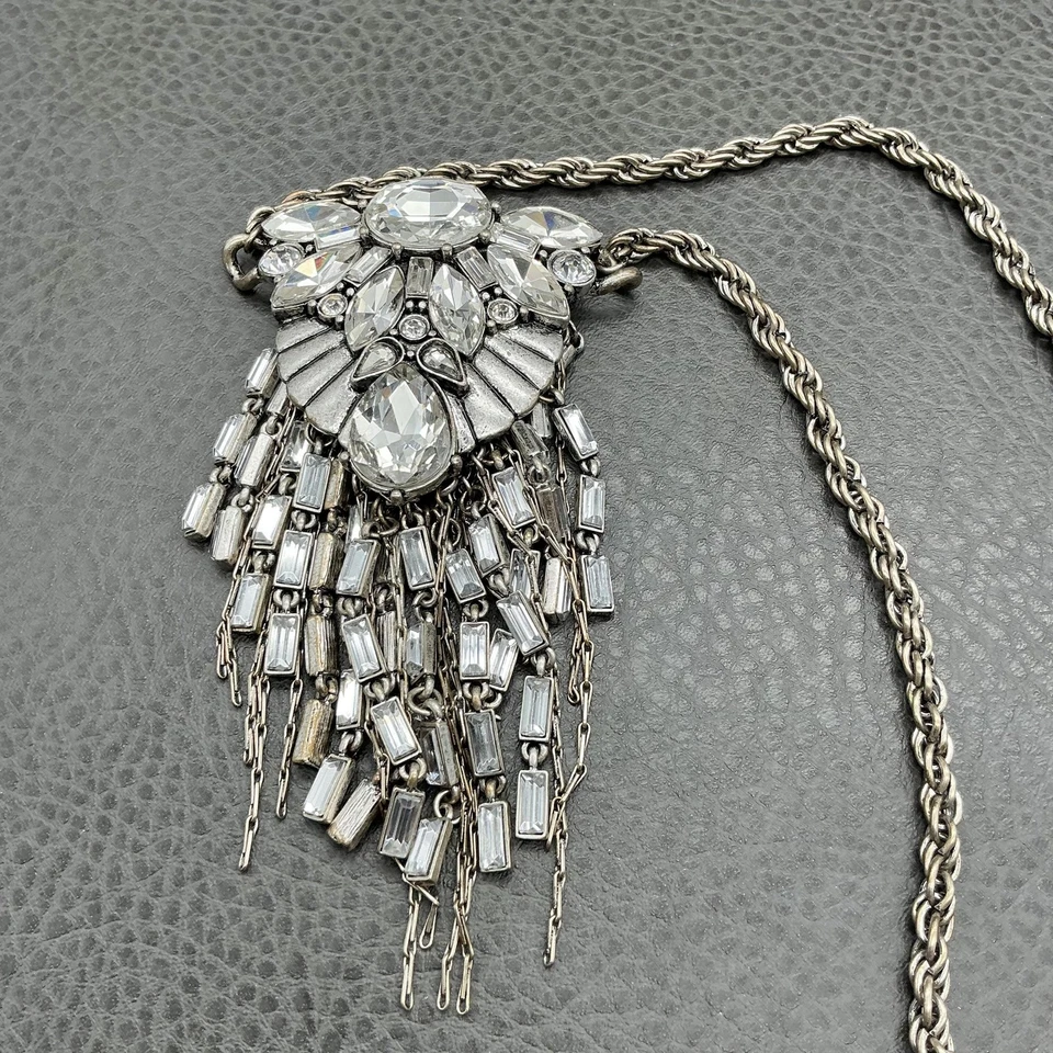 Banana Republic Statement Necklace Crystal Rhinestone Bib Chandelier Silver Tone - Image 4 of 4