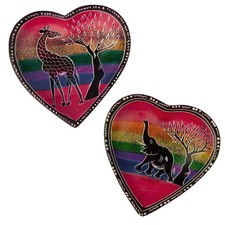 Set of African Soapstone Hand-painted Heart Trinket Dishes with Rainbow Safari..