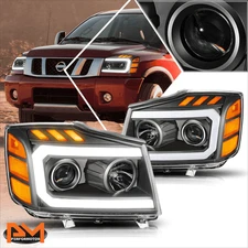 For 04-15 Titan/05-07 Armada LED DRL+Turn Signal Projector Headlight Black/Amber