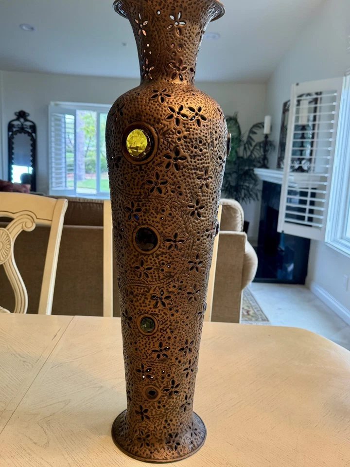 Large 30" Pierced MetalJeweled Floor Vase - Bronze Finish Moroccan Boho Decor - Image 3 of 4