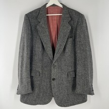VTG Harris Tweed Wool Blazer Sport Coat Light Grey Herringbone Salt Pepper 44 R