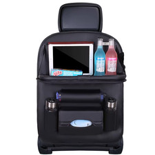 Car Seat Back Organizer PU Leather Foldable Table Tray with Storage Pockets and