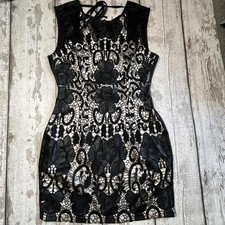 Lipsy Black Lace Bodycon Mini Dress – Sheer Overlay Party Night Out – Size S