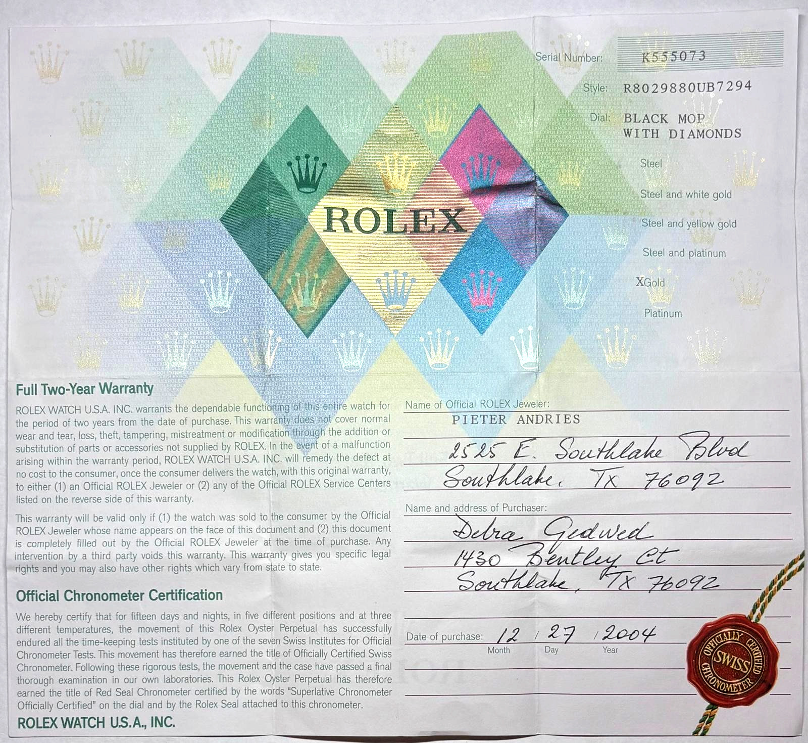 Rolex 80298 Pearlmaster Certificato di Garanzia Garanzia Anni 2000 K Serial Cert