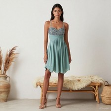Evening Glam Midi Dress Green Chiffon A-Line Sweetheart Sleeveless Sequin US 8