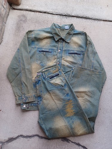 Vintage Indigo Gold Denim Set Jeans Jacket Mens XL 34x32 Y2K Hip Hop Baggy Rare