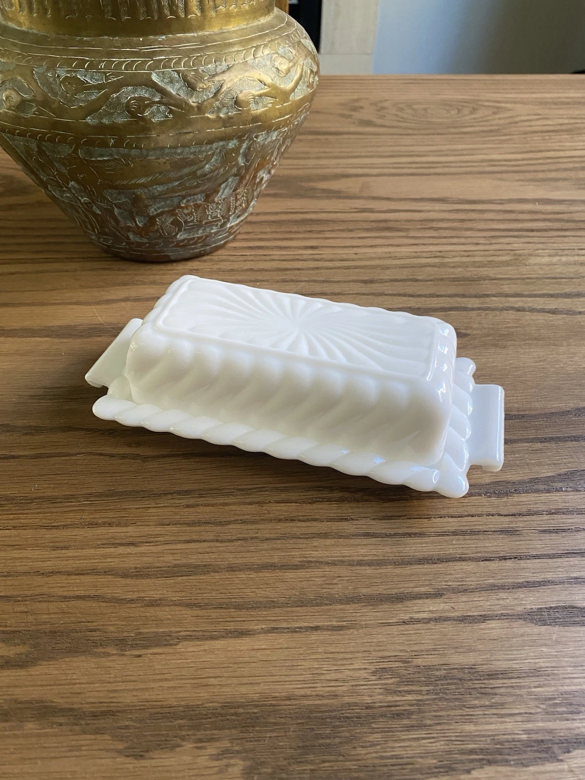Vintage 1950s Fostoria Colony Milk Glass Butter Dish Foscolm Pattern Swirl