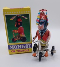 Juyou Monkey on Tricycle Wind-Up Tin Litho Toy Retro For Collectors