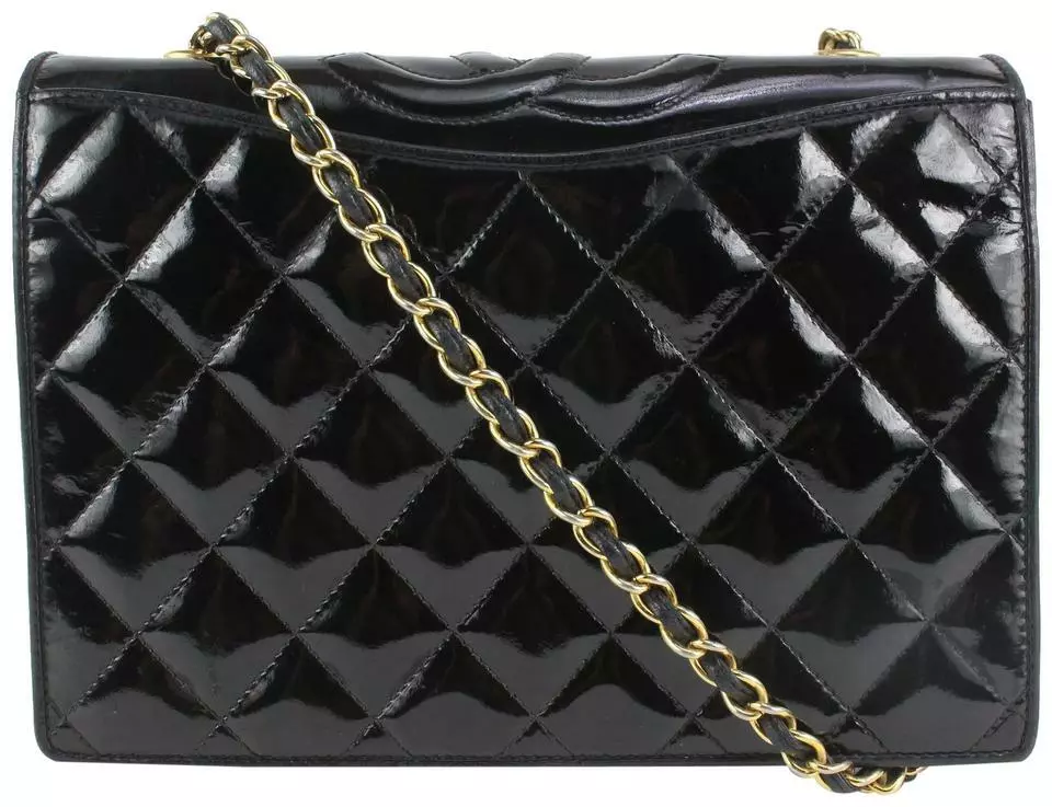 Vintage Chanel Black Quilted Patent Leather Sideways Flap Bag