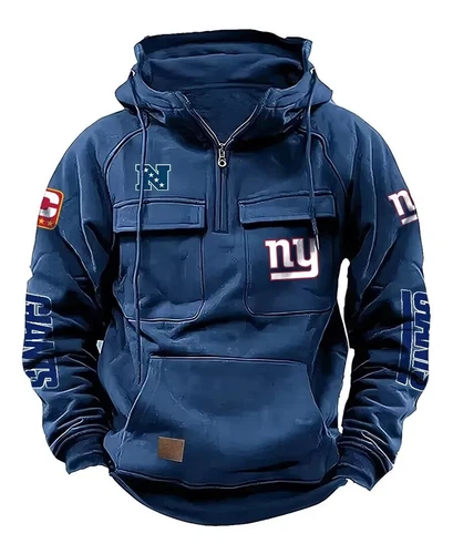 New York Football Team Men's Quarter Zip Cargo Hoodies