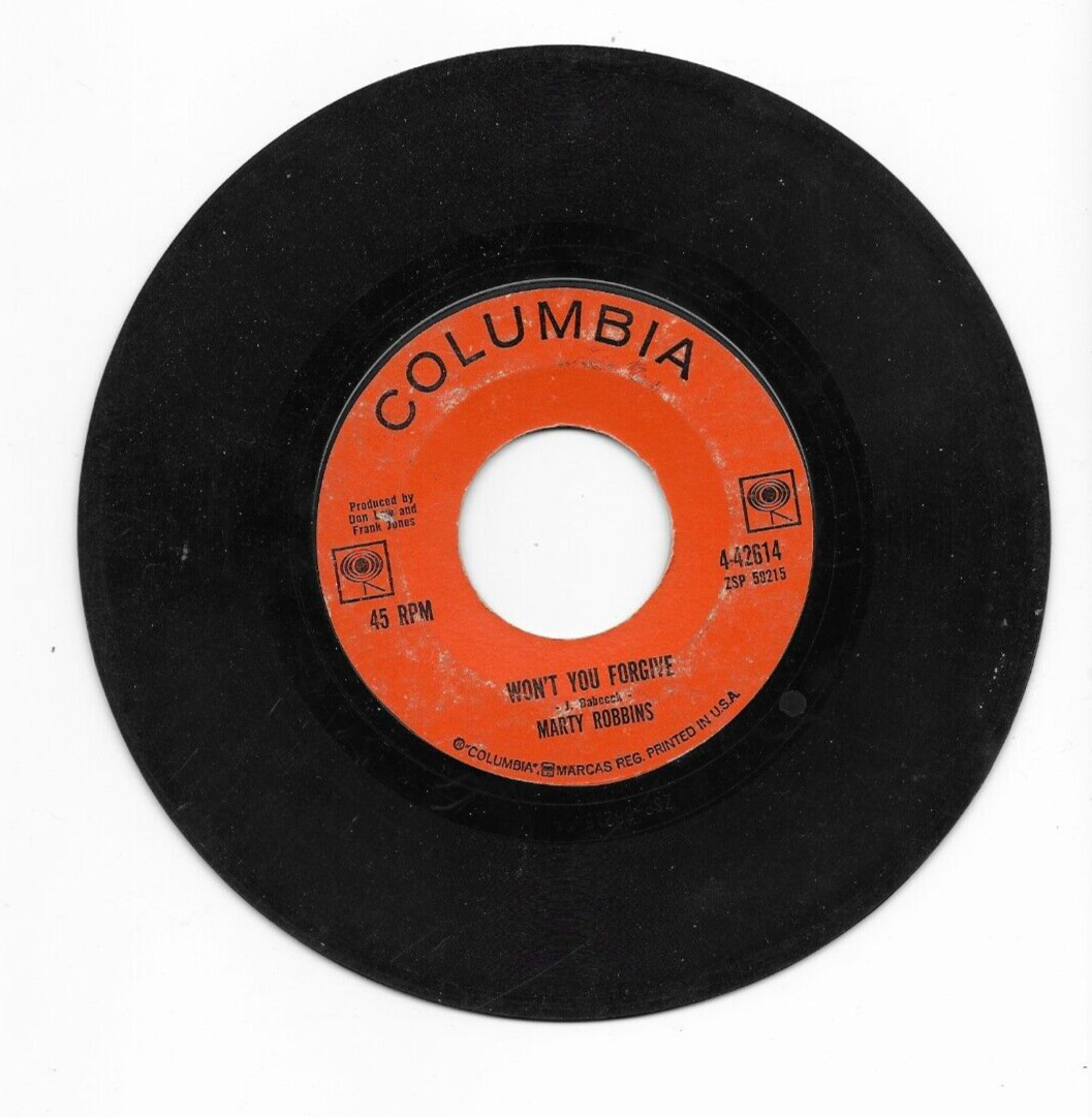 45 RPM COLUMBIA RECORD MARTY ROBBINS WON'T YOU FORGIVE / RUBY ANN
