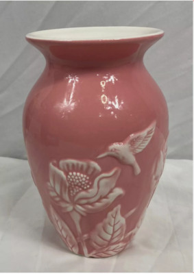 Pink Ceramic Vase with Embossed Hummingbird and Flower Design Vintage Home Décor