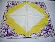 VINTAGE HANKIE WHITE YELLOW PURPLE WILD FLOWERS FLORAL HANDKERCHIEF 11" x 11"