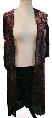 Crushed Velvet Burnout Lg Fringe Duster Stevie Nicks Whimsy Goth Art Deco 75 - Picture 2 of 10