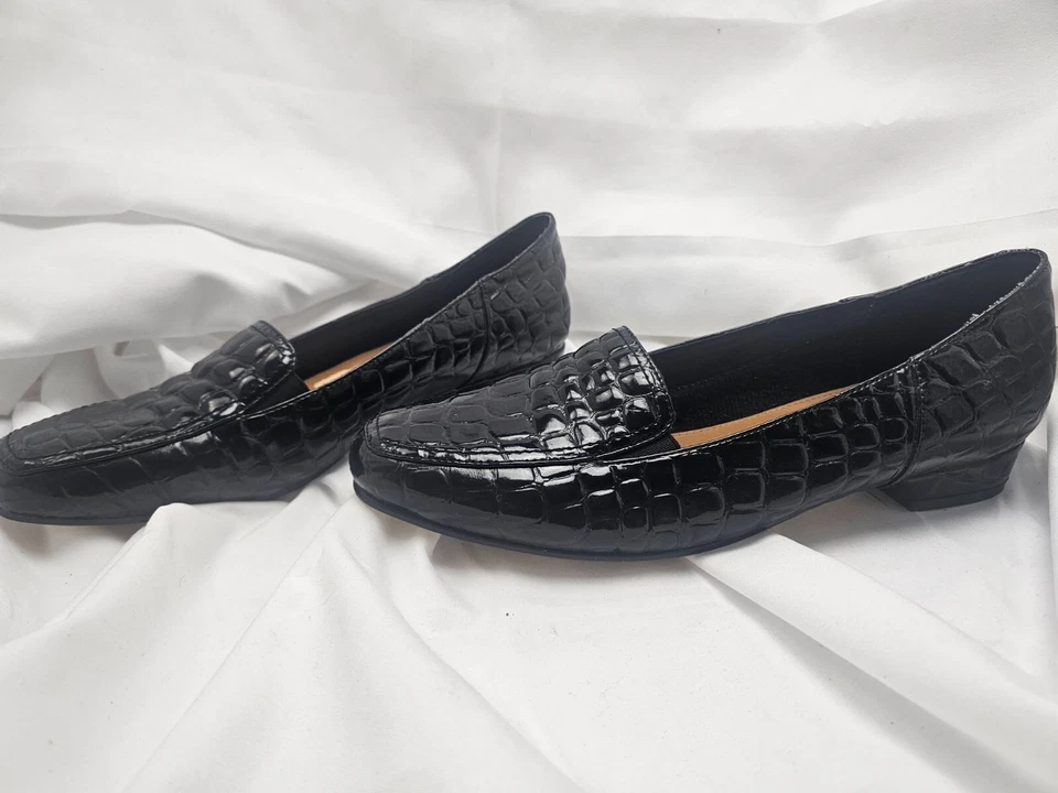 -Fitzwell- Sapato Mocassim Feminino Preto Couro Estilo Cobra Tamanho 9W Usado - Imagem 3 de 4