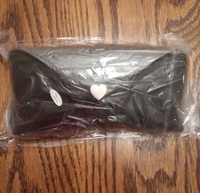 NIB Semi-Hard Fashion Eyeglass Case Black Faux Leather Gold Heart Snap w/ Cloth