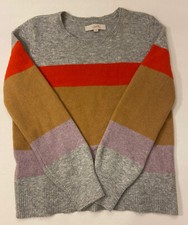 LOFT Gray Red Tan Purple Striped Long Sleeve Merino Wool Blend Knit Sweater M