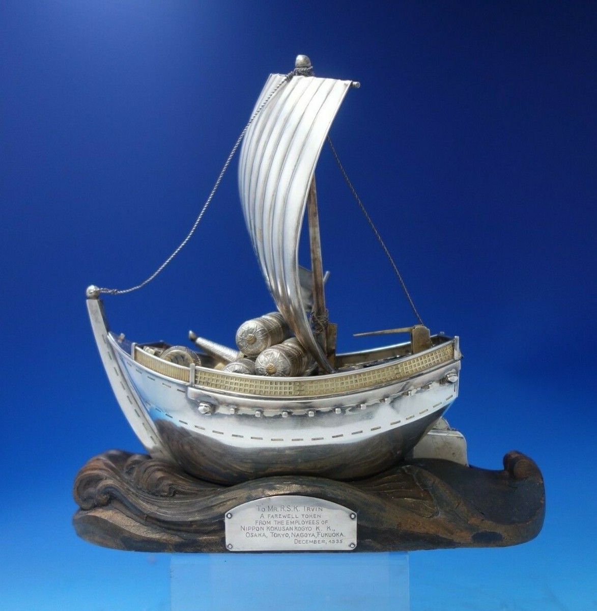 Japanese .950 Silver Sculpture Ship w/ Sail Faux Gold Barrels Wood