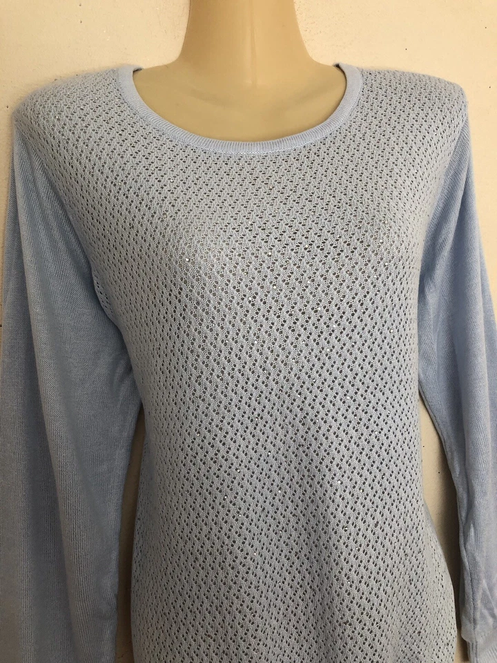 Suéter ligero tejido top para mujer talla XL azul y plata brillo tejido abierto” Foto 3 de 4