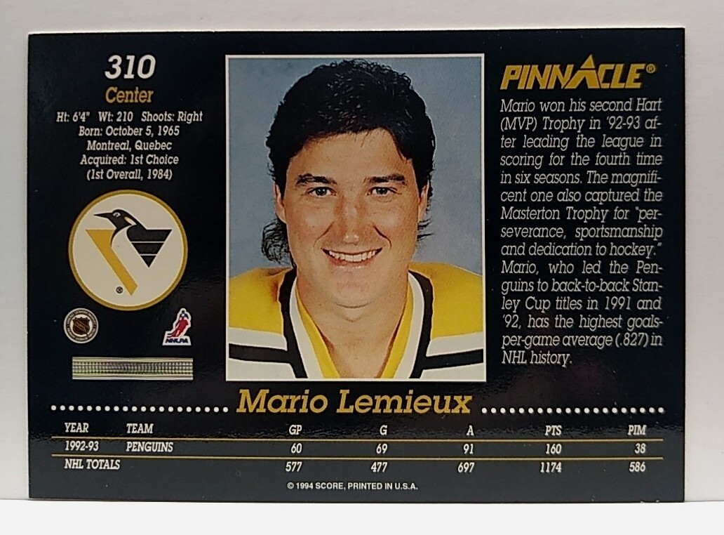 1993-94 Pinnacle Penguins Hockey Card #310 Mario Lemieux. Hb1 | eBay